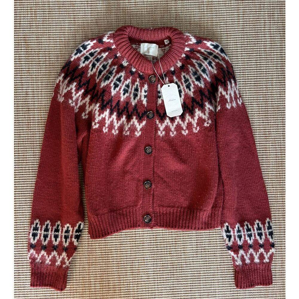 NWT Doen Clarke Wool Alpaca Button Cardigan Knit Sweater Burgundy Fair Isle Red